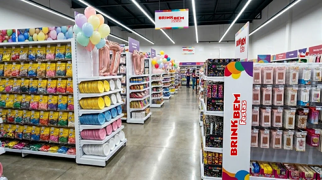 Imagem ilustrativa mostrando sua loja de artigos de festa cheia de produtos Brink Bem Festas que vendem